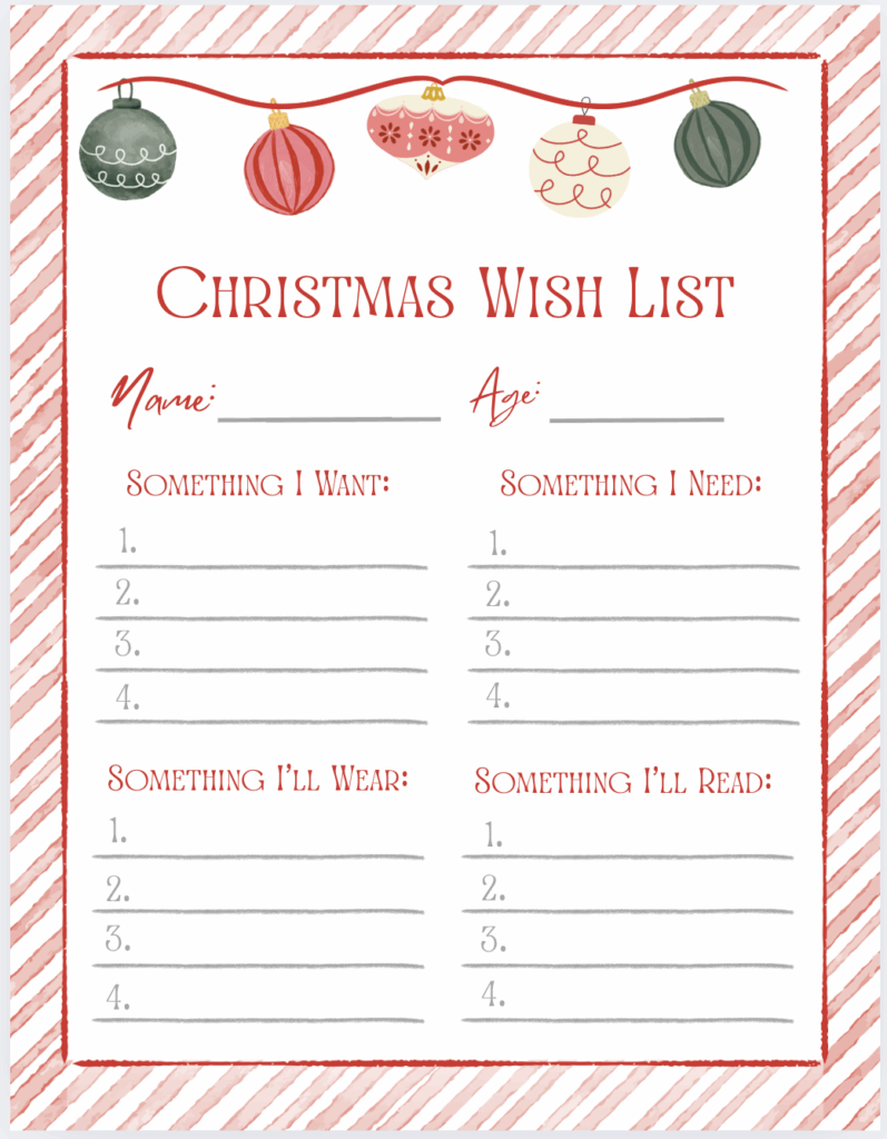free Something I Want, Something I Need, Something to Wear, Something to Read” Christmas list printable